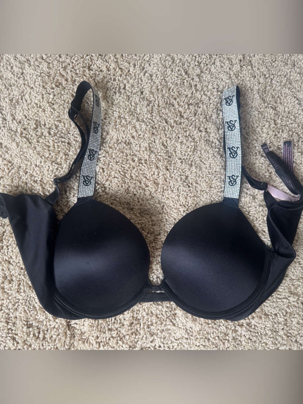 Victoria's Secret Black Plunge Bra with Logo Ribbon Straps